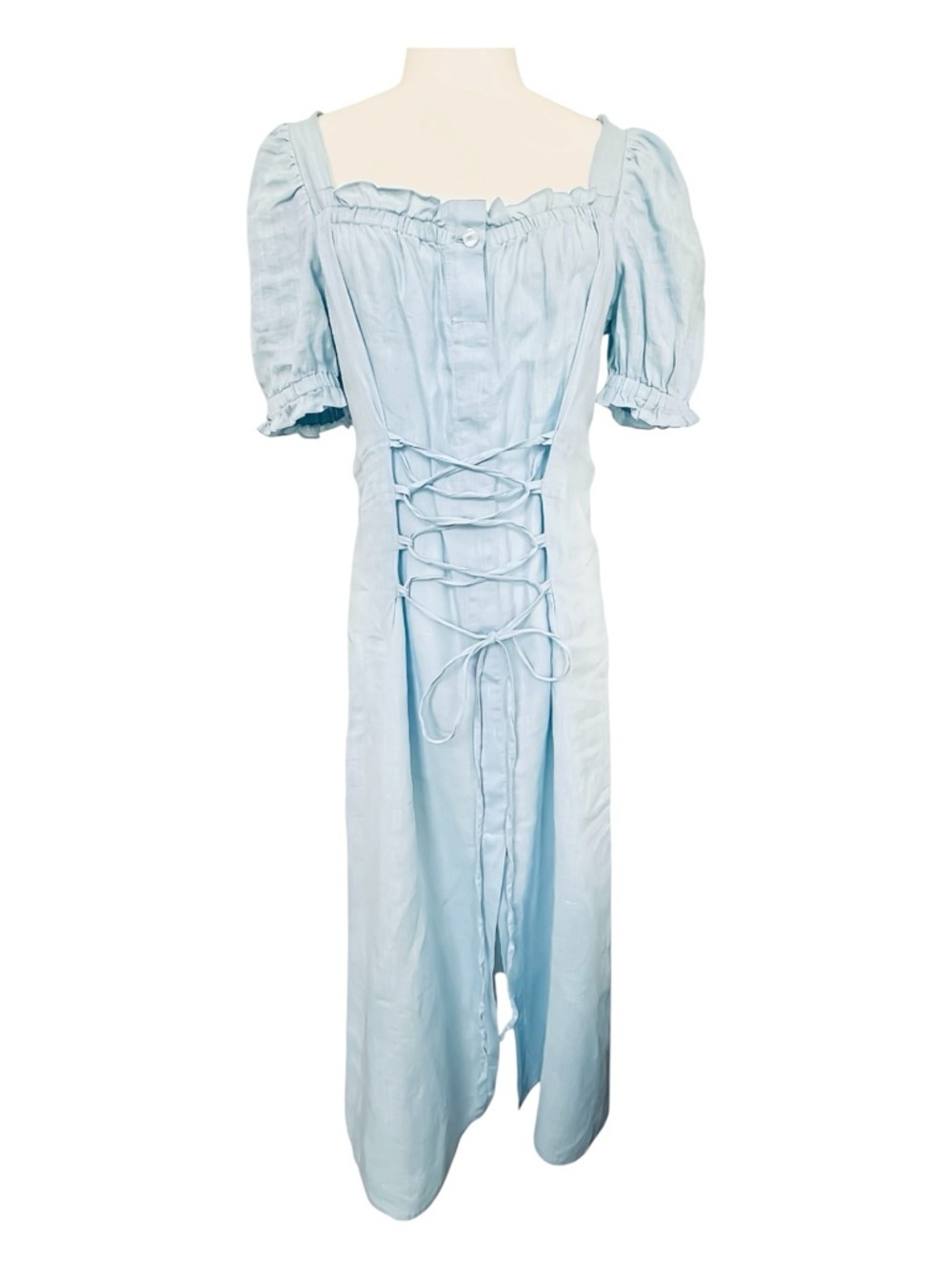 Sleeper Marquise Lace-Up Linen Midi Dress Blue Puff Sleeve Corset Cottagecore M - Picture 2 of 12